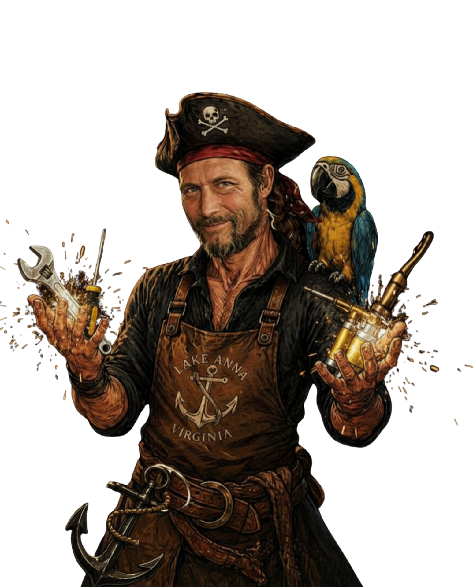 David, the Pirate of Lake Anna, juggling tools with a parrot on his shoulder